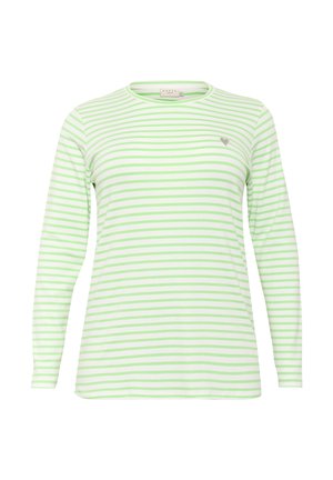 Lightweight long-sleeve shirt featuring green and white stripes, round neckline, and a small heart logo on the chest.