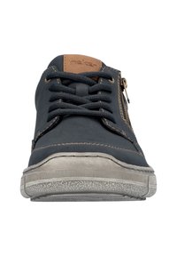 Dark blue sneaker featuring brown leather accents, lace-up design, and a side zipper. Textured rubber sole with a subtle pattern.