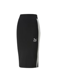 Gonna sportiva nera con un design aderente, caratterizzata da una striscia bianca sul lato e un piccolo logo bianco sul davanti.
