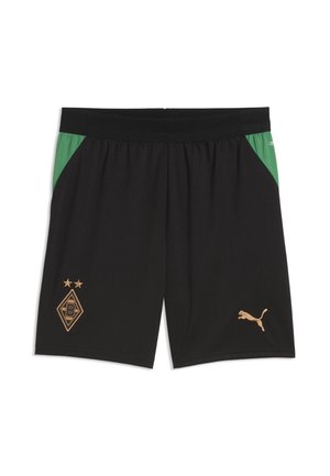 Pantalones cortos deportivos negros con paneles laterales verdes, cinturilla elástica, logo de Borussia Mönchengladbach en la pierna izquierda y logo dorado de Puma en la pierna derecha.