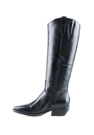Bota vaquera negra alta de cuero con puntera puntiaguda, cremallera lateral y tacón bajo inclinado sobre fondo blanco.