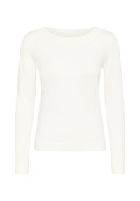 Haut à manches longues blanc avec un col rond, fabriqué à partir d'un tissu lisse et léger. Présente un design ajusté avec des coutures minimales.