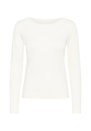 White long-sleeve top with a round neckline, made from a smooth, lightweight fabric. Features a fitted design with minimal seams.