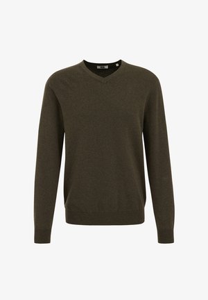 Olivno zeleni pulover z V-izrezom iz mehke pletene tkanine z dolgimi rokavi in \"ribošnjaki\" na koncih rokavov. Klasična oblika z enostavnim dizajnom in minimalnimi detajli.