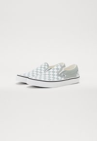 Slip-on shoes featuring a white and light green checkerboard pattern, gray accents, elastic side panels, and a white rubber sole.