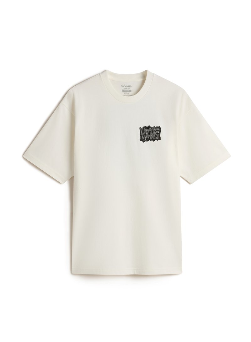Weißes Baumwoll-T-Shirt mit Rundhalsausschnitt und kurzen Ärmeln, versehen mit einem schwarzen Grafiklogo auf der linken Brustseite. Glatte Textur.