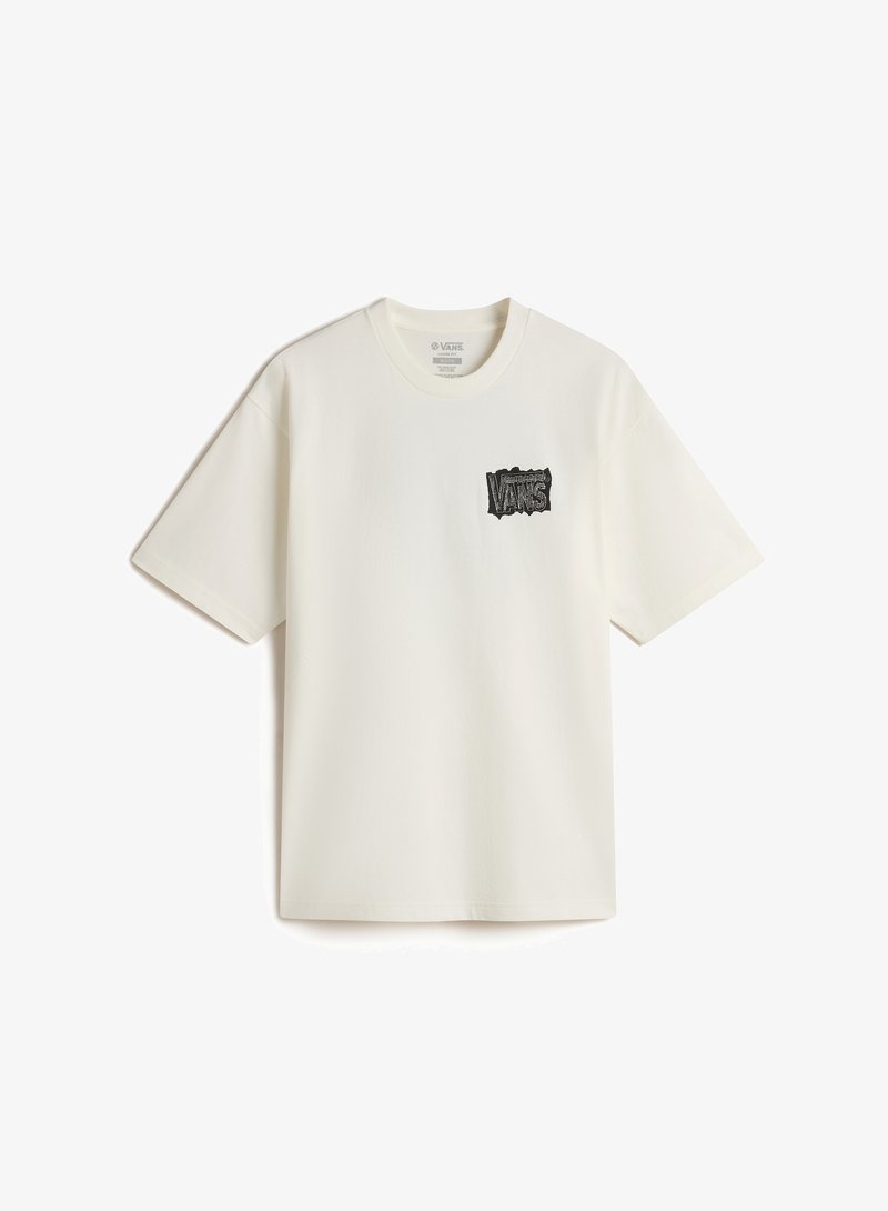 Witte katoenen T-shirt met ronde hals en korte mouwen, voorzien van een zwarte grafische logo op de linkerborst. Zorgvuldig afgewerkt met een soepele textuur.