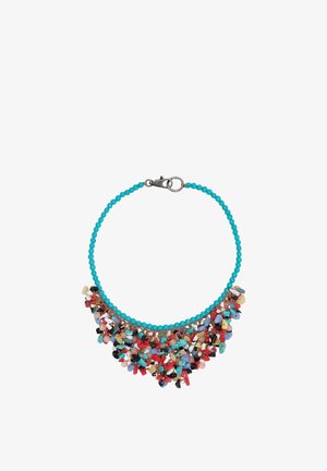 Türkisfarbene Perlenkette mit multicoloren kleinen Steincharmen, die vorne konzentriert sind, und einem Metall-Lobster-Verschluss.