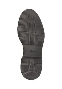 Semelle de chaussure en caoutchouc noir avec des rainures et des crêtes texturées, arborant un logo au centre et un design durable pour une meilleure adhérence.