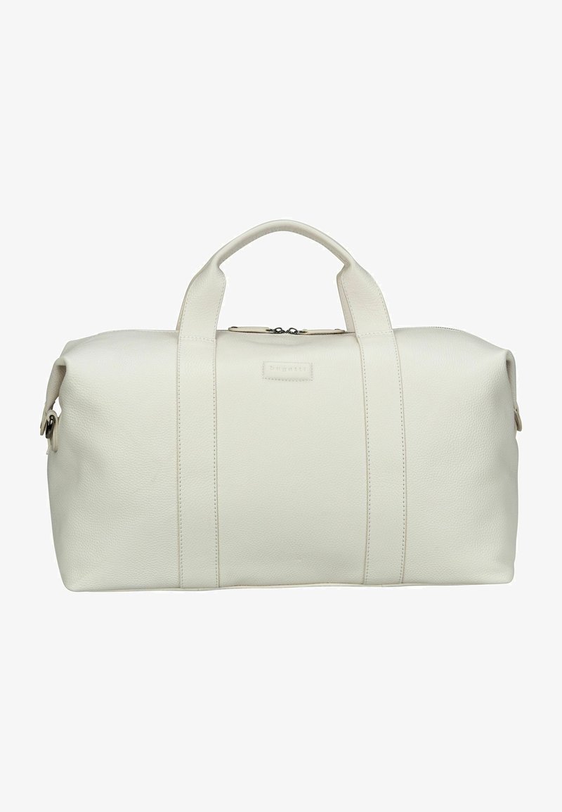 Sac de sport en cuir blanc avec deux poignées supérieures, surface texturée et fermeture éclair. Présente des coutures discrètes et une étiquette avec le logo à l'avant.