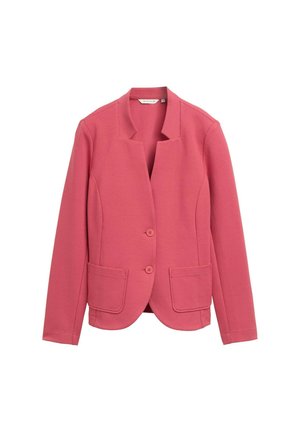 Blazer rose texturé avec un col châle, deux poches avant et deux boutons. Design simple avec une coupe ajustée et un tissu lisse.