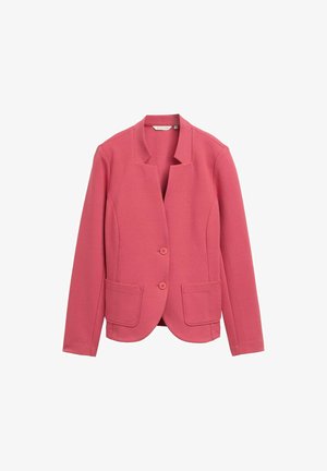 Pink textured blazer with a shawl collar, two front pockets, and two buttons. Simple design with a tailored fit and smooth fabric.
