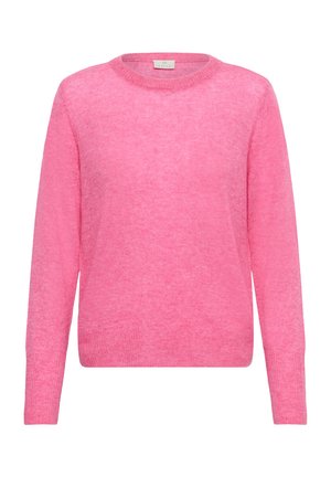 Roza pulover iz mehkega, teksturiranega pletenja. Ima zaobljen ovratnik in dolge rokave z ohlapnim krojem.