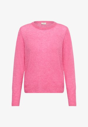Roza pulover iz mehkega, teksturiranega pletenja. Ima zaobljen ovratnik in dolge rokave z ohlapnim krojem.