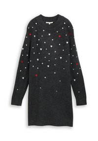 Dunkelgrauer Pullover mit langen Ärmeln und Rundhalsausschnitt, der im strukturierten Stoff verstreute weiße und rote Herzdesigns aufweist.