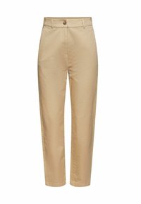 Pantaloni in cotone beige con chiusura a bottone, design dritto e orli in fondo. Texture liscia senza motivi o accenti visibili.