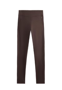 Bruine fitness leggings met een zachte textuur, hoge tailleband en twee zijritsen voor zakken, met een op maat gemaakte, slim fit ontwerp.