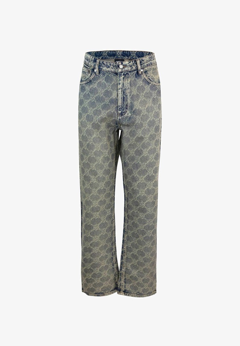 Jean taille haute, à jambe large, en denim, avec un motif bleu clair, un aspect délavé, et un design classique à cinq poches avec des coutures ton sur ton.