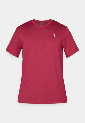 Maroon cotton t-shirt with short sleeves, round neck, and a small white logo on the left chest area. Smooth texture and casual design.