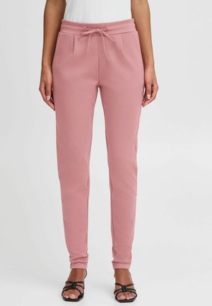 Pink jogger pants with a drawstring waist, side pockets, and tapered cuffs. Smooth texture and lightweight material.