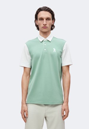 Bărbat cu păr castaniu de lungime medie, purtând un tricou polo verde și alb și pantaloni deschiși la culoare, pe un fundal simplu.