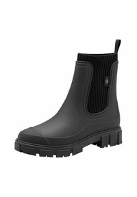 Bottines en caoutchouc noir avec panneaux élastiques sur les côtés, nervures texturées, semelle épaisse à traction et embout renforcé.