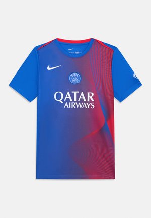 Mėlynas ir raudonas Nike sportinis marškinėlis su gradientiniu dizainu, apvaliu kaklu ir "QATAR AIRWAYS" logotipu priekyje.