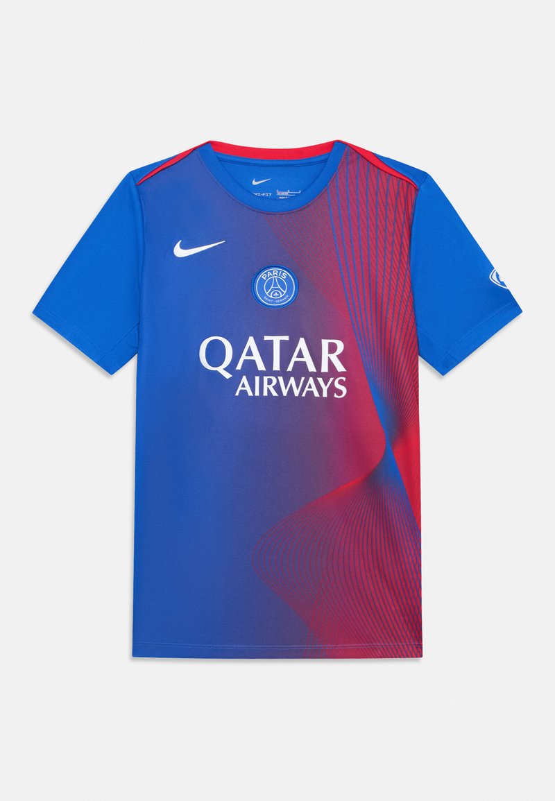 Blå og rød Nike sportsdrakt med gradientdesign, rund hals og "QATAR AIRWAYS"-logo på forsiden.