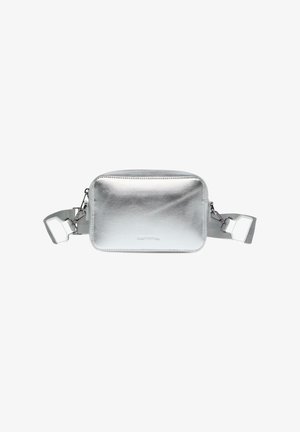 Silver metallic rectangular crossbody bag with a smooth texture, featuring a detachable strap and a zip closure. Logo embossed on the front.