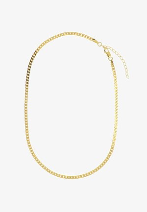 Colier cu lanț placat cu aur, cu zale interconectate, textură fină și un închizător cu lanț extensibil pentru lungime reglabilă.