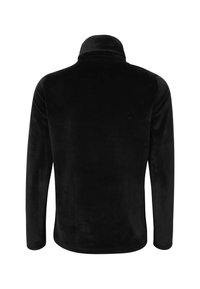 Sudadera de forro polar negra con cuello alto, textura suave y mangas largas. Sin branding ni patrones visibles. Diseño simple y funcional.