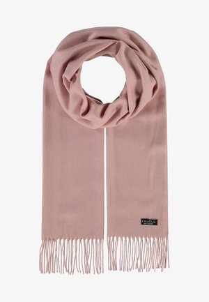 Écharpe rose poudré douce avec des extrémités à franges et une petite étiquette noire sur un côté, présentée pliée et en boucle.