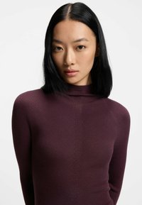 Burgundy ribbad långärmad topp med hög krage. Slät textur med vertikala linjer och en figurnära silhuett.