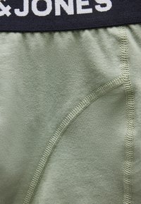 Κοντινή λήψη ανοιχτοπράσινου υφάσματος με λεπτομερή ραφές και μαύρη ελαστική μέση τυπωμένη με μερικό λευκό κείμενο "JONES".