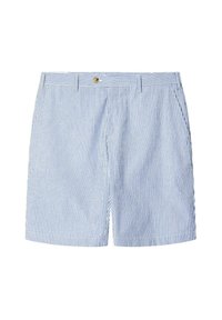 Shorts rayés bleus et blancs en tissu léger, avec une fermeture à bouton à l'avant et des poches latérales. Design classique et décontracté.