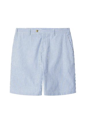 Niebieskie i białe paskowane szorty wykonane z lekkiego materiału, z zapięciem na guziki z przodu i kieszeniami bocznymi. Klasyczny, casualowy design.