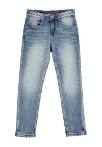 Světle modré džíny z denimu s rovnými nohavicemi, čtyřmi kapsami, pasem s poutky na opasek a oranžovým logem na pasové části.