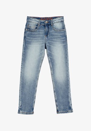 Ljusblå denimjeans med rak benform, fyra fickor, midja med bältesöglor och en orange logotyp på midjebandet.