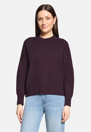 Woman with straight brown hair wearing a dark purple long-sleeve sweater and light blue jeans, standing against a plain light background.