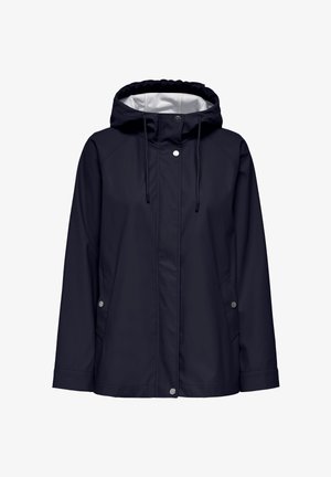 Marineblaue wasserdichte Kapuzenjacke mit vorderen Druckknöpfen, verstellbarer Kapuze mit Kordelzug und zwei seitlichen Druckknopftaschen, entworfen für nasses Wetter.