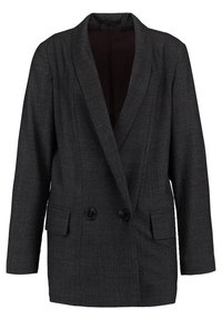 Dvojřadý blazer v tmavě šedé kostce s klopou, předními kapsami a černými knoflíky; texturovaný směsový materiál vlny.