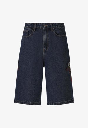 Granatowe szorty dżinsowe o prostym kroju, z delikatnym przetarciem i skomplikowanym haftowanym wzorem z elementami kwiatowymi i graficznymi.