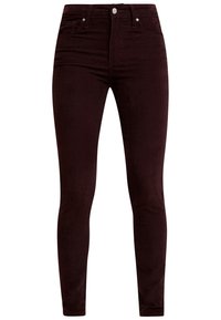Vaqueros skinny burdeos hechos de una mezcla de algodón; cuenta con cinco bolsillos, trabillas para el cinturón y un cierre de botonera; textura suave y diseño ajustado.
