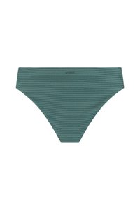 Grüner Bikini-Slip mit schmalem vertikalem Streifenmuster und kleinem, zentriertem Markenlogo am vorderen Bund.