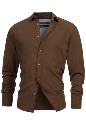 Camicia button-up marrone a maniche lunghe realizzata in tessuto morbido, con colletto classico, bottoni visibili e un piccolo logo sul petto.