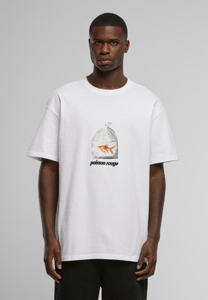 White cotton t-shirt featuring a graphic of a goldfish in a plastic bag, with “poisson rouge” printed in black below the image.