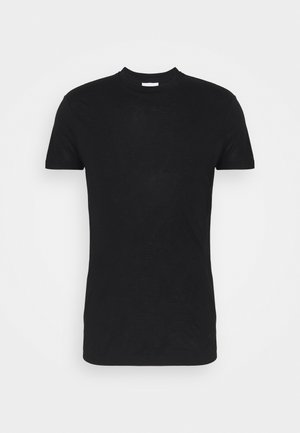 Schwarzes Rundhals-T-Shirt aus weichem Baumwollstoff, mit kurzen Ärmeln und einer klassischen, figurbetonten Form. Glatte Textur, keine sichtbaren Muster.