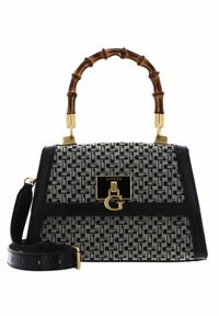 Borsa a tracolla in bianco e nero con manico in bambù, dettagli dorati, bordo in pelle textured e tracolla rimovibile.