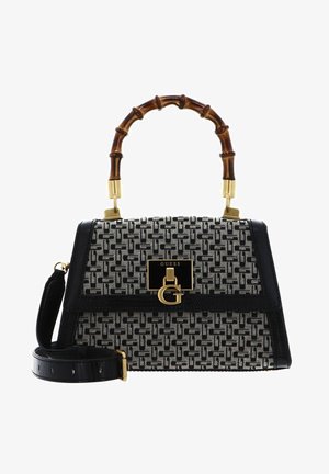 Borsa a tracolla in bianco e nero con manico in bambù, dettagli dorati, bordo in pelle textured e tracolla rimovibile.