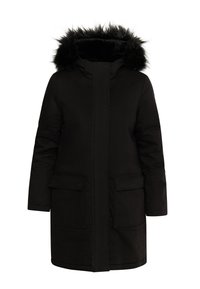 Sort parka coat med hætte foret med faux pels, med en skjult lynlås, to frontlommer og et lige snit.